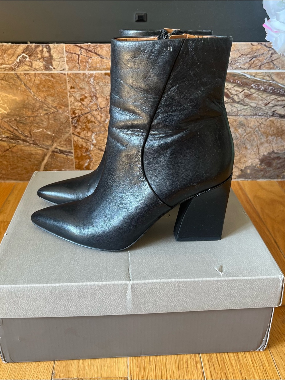 Franco Sarto Black Leather Pointed Ankle Booties